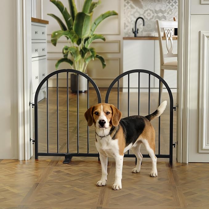 Full Metal Dog Gate for Indoor Outdoor, 24" Tall Free Standing Pet Dog Fence, 36" Wide Arched Pet Gates for Stairs, Hallways, Doorways, Kitchen, Decks, Yards (Black, 2 Panels)