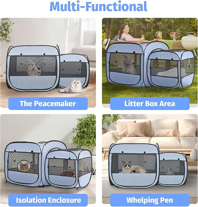 EighteenTek® 2-in-1 Portable Cat Playpen, Pop up Large Kitten Playpen, No Assembly Need, Pet Cat Dog Tent Crates Kennel Cage, Cats Enclosure for Dog and Puppy Indoor Outdoor(No Divider, Unified Space)