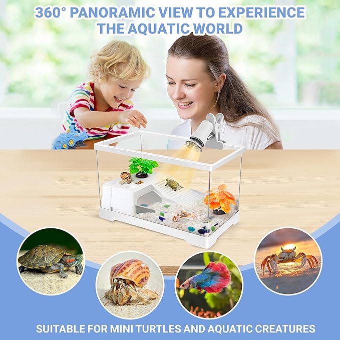 GOZILLA Mini Turtle Tank Kit with Adjustable Lamp, Upgrade PC Hermit Crab Tank,Small Turtle/Hermit Crab Starter Kit with Lid, Hideout Platform for Baby Turtles, Crabs, Fish.(11.8×7.24×7.1''/White Kit)