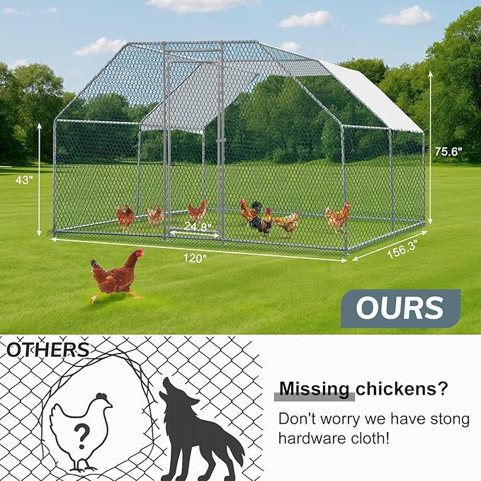 VINGLI Chicken Coop, 13.1x9.8x6.5 ft Large Metal Poultry Cage for Chicken Run, Walk-in Chicken Pen with Waterproof & Anti-UV Cover for Yard Outdoor (Silver-Flat Roof)
