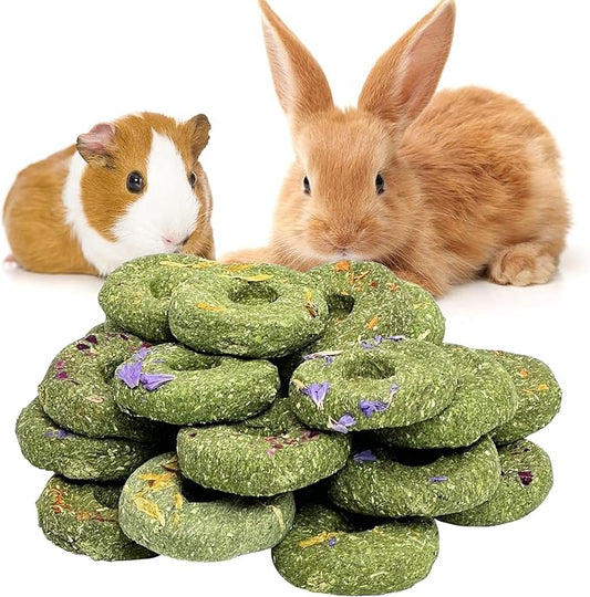 Fhiny Rabbit Chew Toys, 24 PCS Natural Timothy Hay & Flowers Biscuit Guinea Pig Chew Snacks for Teeth Handmade Small Animal Molar Treats for Bunny Guinea Pig Chinchilla Hamster Gerbil Dental Care