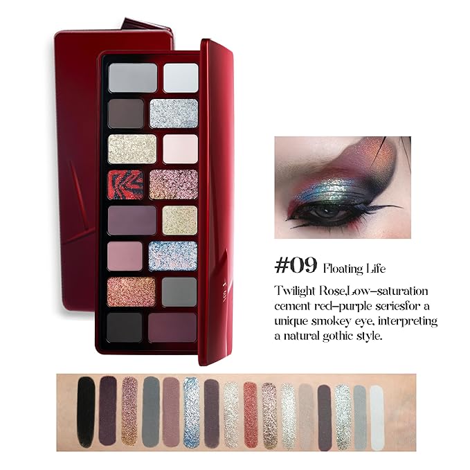 16 Color Gothic Eyeshadow Palette, Duo Chrome Pressed Powder with Ultra-Pigmented Formula, Long-Lasting Dark Makeup Kit - 09 Floating Life