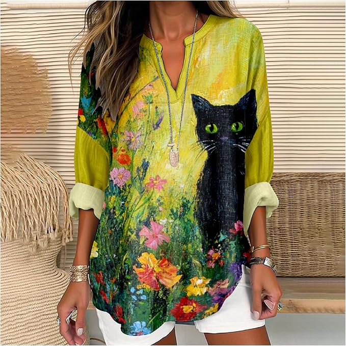 MARSVOVO Cat Shirts for Women Long Sleeve Cute Cat Pullover Graphic Novelty V Neck Blouse Oversized Funny Tunic Tops