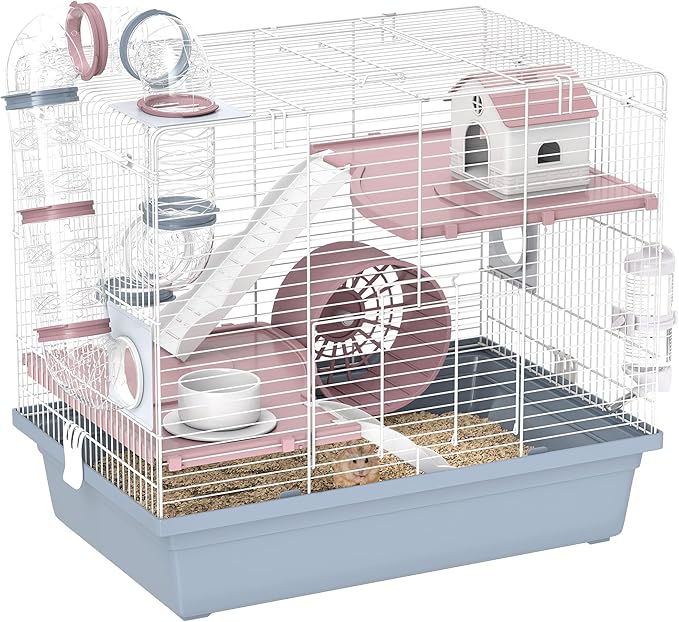 PawHut Hamster Cage, 3-Tier Gerbil Cage with Exercise Wheel, Food Bowl, Water Bottle, House, Tunnels, Ramps, Small Animal Habitat for Dwarf Hamster, Blue