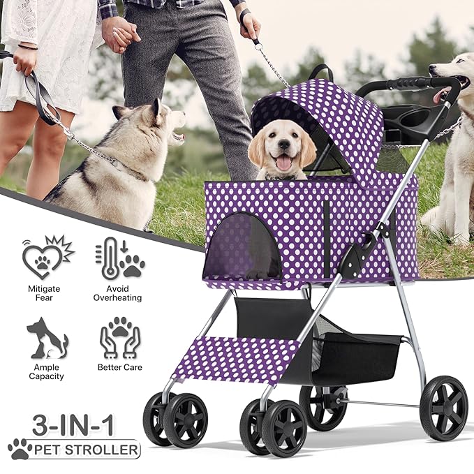 MoNiBloom 3 in 1 Foldable Pet Stroller for Small & Medium Dogs, Detachable Carrier, Car Seat, Push Button Entry, 4-Wheel Jogger for Pets up to 33 lbs, Purple Polka Dots