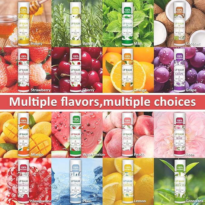 32 Pack Lip Balm, Natural Lip Balm Bulk with Vitamin E and Coconut Oil, Moisturizing Lip Balms for Dry Lips-16 Flavors