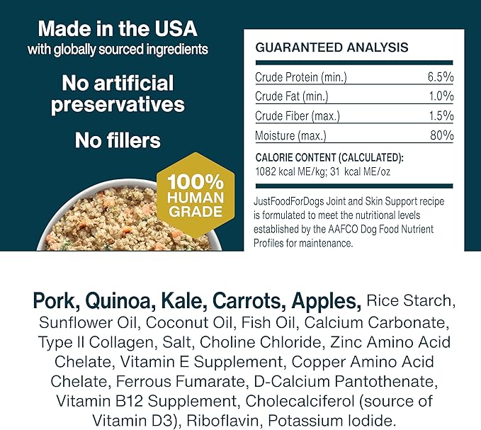 JustFoodForDogs Pantry Fresh Wet Dog Food, Complete Meal or Dog Food Topper, for Joint Health, Skin Health, Allergies, Joint & Skin Support, Pork & Quinoa - 12.5 oz (Pack of 12)