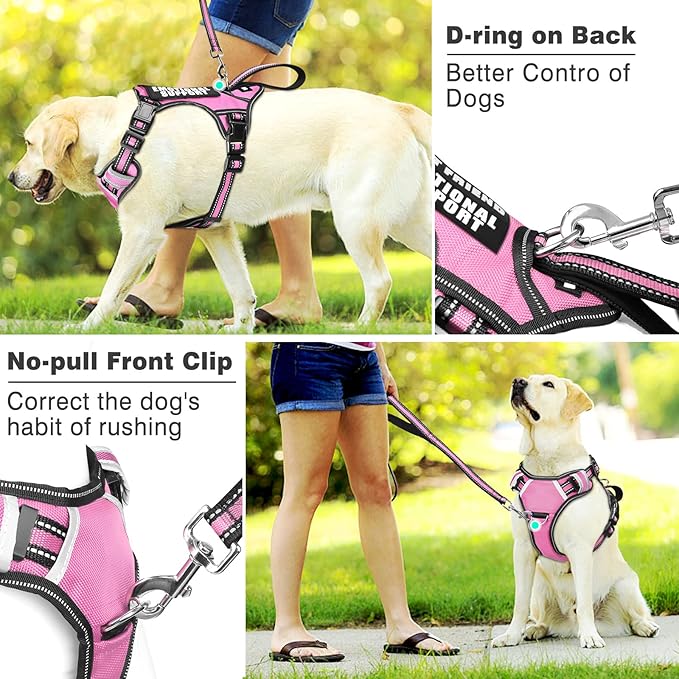 WINSEE Large Pink Service Dog Harness with 7 Patches, No Pull Reflective Dog Vest for Training, Mesh Soft Padded Handle, Adjustable Fit for Dogs 50-80 lbs.