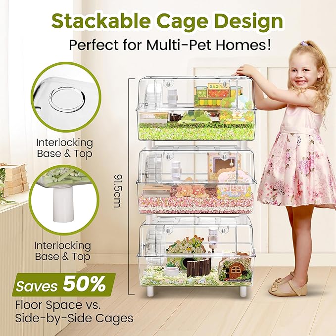 Acrylic Hamster Cage with All Accessories,Dwarf Hamster Cage with Stand,Syrian Mouse Cage for pet mice,Rat Cage for Hamster,Succulent Style Hamster House（20''L*11.5''W*10.5''H）