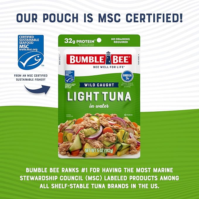 Bumble Bee Chunk Light Tuna in Water, 5 oz Pouches (Pack of 12) - Ready to Eat Wild Caught Skipjack Tuna Packet - 32g Protein per Pouch - MSC Sustainable Seafood, Non-GMO, Gluten Free, Kosher