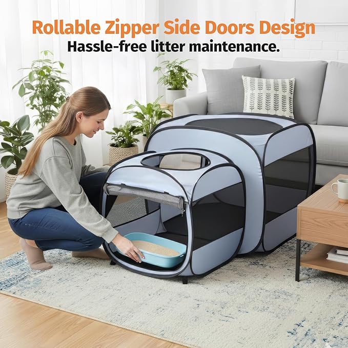 Pop up Portable Cat Playpen 2-in-1 Dog Playpen, No Assembly Need, Pet Cat Dog Tent Crates Kennel Cage, Cats Enclosure for Kitten and Puppy Indoor Outdoor Use(No Divider, Unified Space)