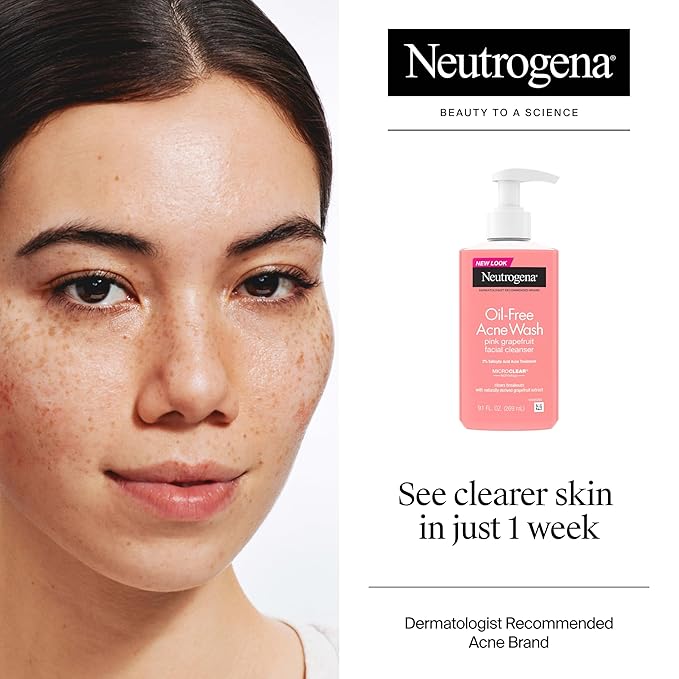 Neutrogena Oil-Free Acne Wash Pink Grapefruit Facial Cleanser - with Salicylic Acid for Clear Skin, Daily Face Wash for Oily & Acne-Prone Skin, Deep Cleansing Treatment, 9.1 fl. oz. Bottle