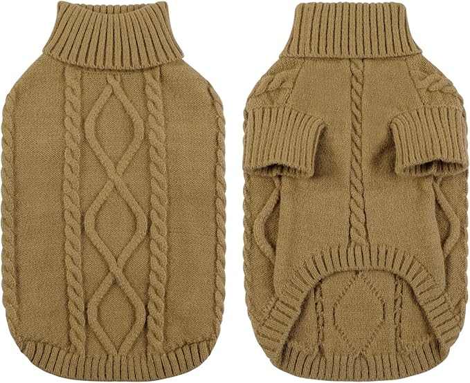 Queenmore Small Dog Pullover Sweater, Cold Weather Cable Knitwear, Classic Turtleneck Thick Warm Clothes for Chihuahua, Bulldog, Dachshund, Pug (Light Brown, Small)