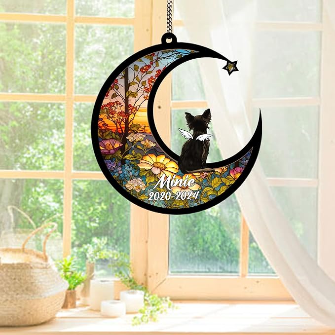 Personalized Chihuahua Longhaired (Black White) Sun Catcher, Dog Memorial Gifts, Custom Chihuahua Longhaired with Wings Ornament Christmas Tree, Loss of Dog Sympathy Gift Memorial Suncatchers