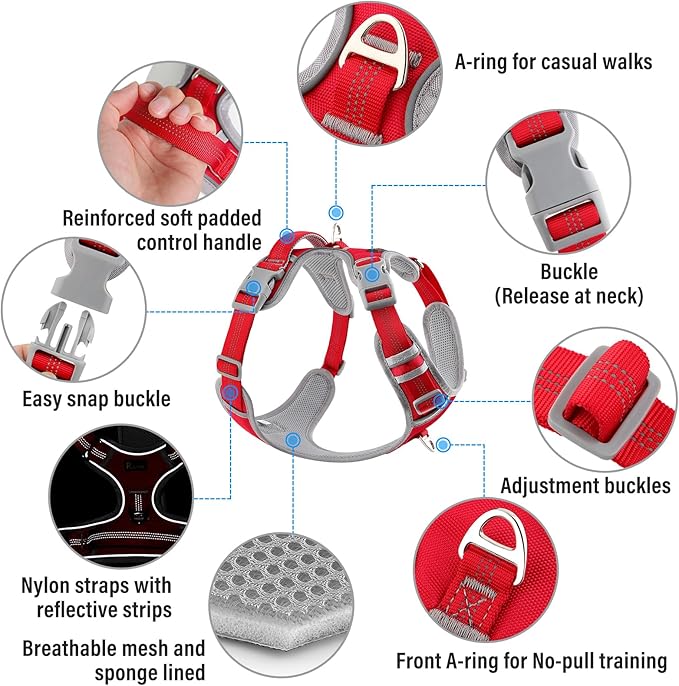 Plutus Pet No Pull Dog Harness, Release at Neck, Reflective Adjustable Dog Vest Harness, Easy Control Handle for Walking, for Small Medium Large Dogs, Red, M