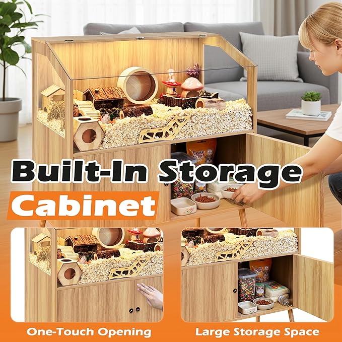 PROLEE Hamster Cage with Storage Cabinet,Large Hamster Encloure Chew Proof Wood,Clear View Hamster Habitat for Guinea Pig, Ferret, Rat, Hedgehog, 40" L x 20" W x 47" H (Oak)
