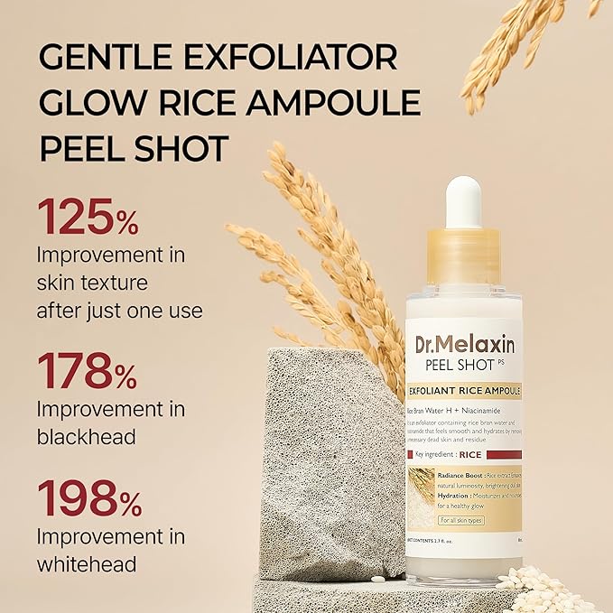 Dr.Melaxin Peel Shot Glow White Rice Peeling Ampoule 80ml, Dead Skin Gentle Exfoliating Ampoule with Rice Water Extract, AHA BHA, Niacinamide, Daily Skin Texture Care, All Skin Types, Korean Skincare