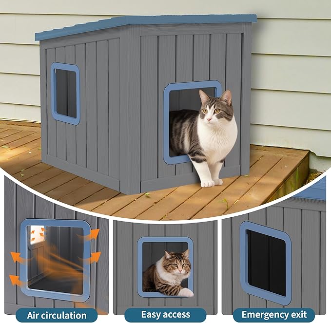 NUNU LAB Outdoor Cat House – Weatherproof & UV Resistant PP Material Shelter with Sloped Asphalt Roof, Durable Cat Condo for Garden, Patio, and Backyard (Blue, Large)