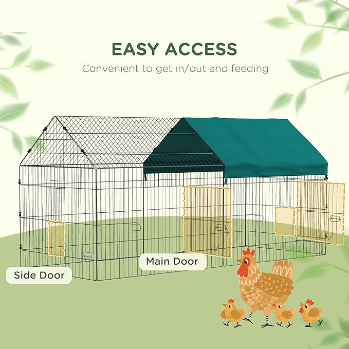PawHut Metal Chicken Coop, 87" x 34" x 41" Chicken Run Pen for Yard with Cover, Portable Catio Poultry Cage Indoor Outdoor Backyard, Cat Cage for Rabbit, Duck, Hen, Small Animal, Chinchillas, Green