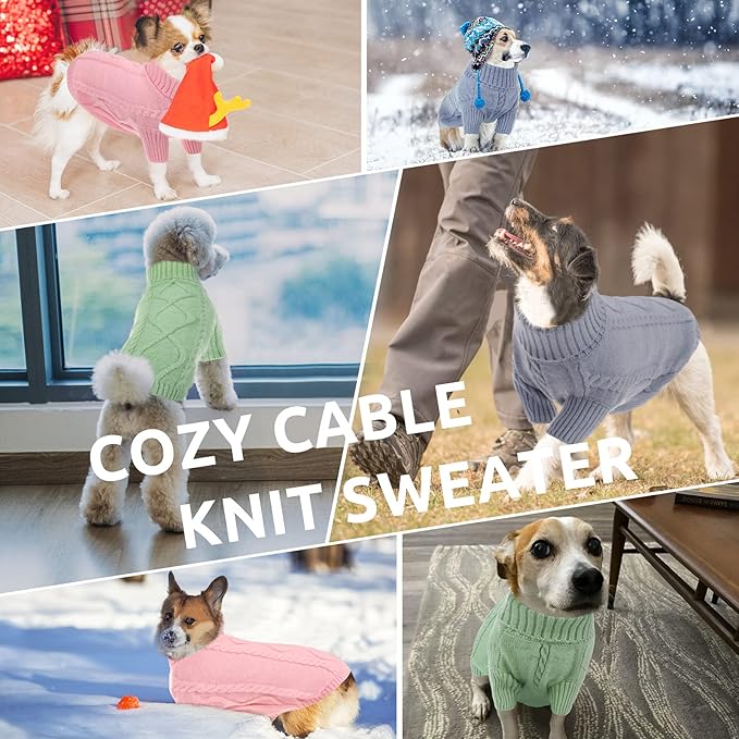 Queenmore Small Dog Pullover Sweater, Cold Weather Cable Knitwear, Classic Turtleneck Thick Warm Clothes for Chihuahua, Bulldog, Dachshund, Pug, Yorkie (Grey, Small)