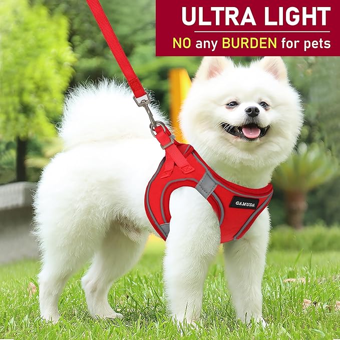 GAMUDA Small Pet Harness Collar and Leash Set, Step in No Chock No Pull Linen Fabric Soft Mesh Dog Vest Harnesses Reflective for Dogs Puppy Cats Kitten Rabbit (Red, M)