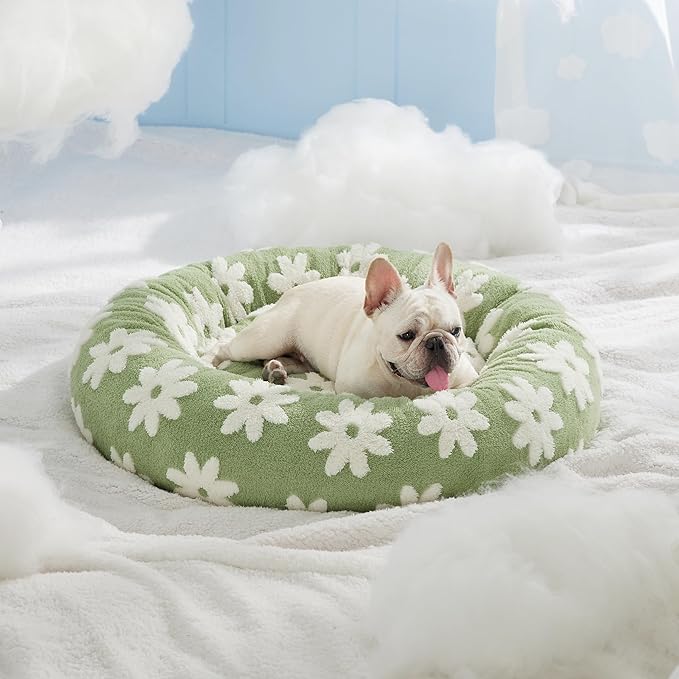 LE SURE Shown on TV Donut Medium Dog Bed - Round Cat Beds Indoor Christmas Bed Present for Calming Pets, Home Decor Cute Modern Beds with Jacquard Shaggy Plush & Anti Slip Bottom, 30 Inch, Green