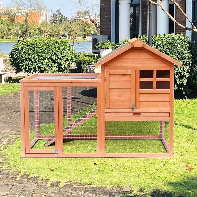 48" L 2 Levels Outdoor Rabbit Hutch Weatherproof Bunny Hutch Outside Wooden Rabbit House Cage Small Animal Houses & Habitats with Ramp, Pull-Out Tray, Asphalt Roof, for Rabbits Chicken Guinea Pigs