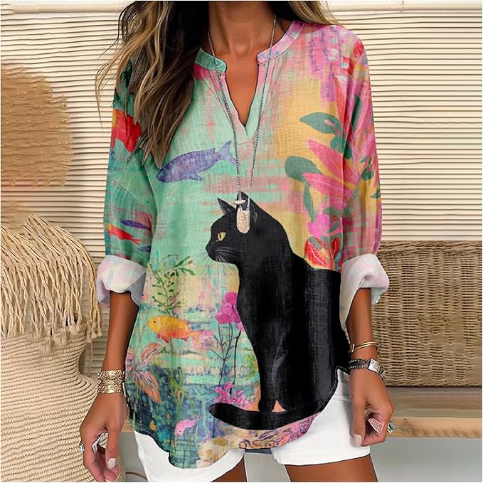 MARSVOVO Cat Shirts for Women Long Sleeve Cute Cat Pullover Graphic Novelty V Neck Blouse Oversized Funny Tunic Tops