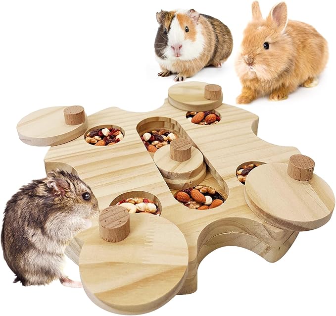 BNOSDM Hamster Foraging Toys Boredom Breaker Pet Rat Foraging Toys Bunny Puzzle Toys for Rabbits Interactive Bunny Toys Wooden Hamster Enrichment Toys for Guinea Pig Chinchillas Small Rodents,6-Hole