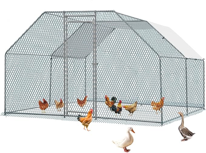 VINGLI Chicken Coop, 13.1x9.8x6.5 ft Large Metal Poultry Cage for Chicken Run, Walk-in Chicken Pen with Waterproof & Anti-UV Cover for Yard Outdoor (Silver-Flat Roof)