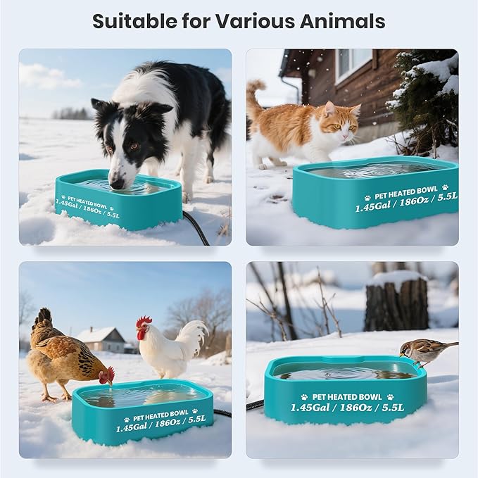 1.45 Gal/5.5L Heated Water Bowl, Extra Large Heated Dog Bowls for Outside, Safety Listed Heated Pet Bowl with Anti-Chew Cord for Dog & Cat Drinking Water in Winter, BPA-Free, Anti-Slip Base(Blue)