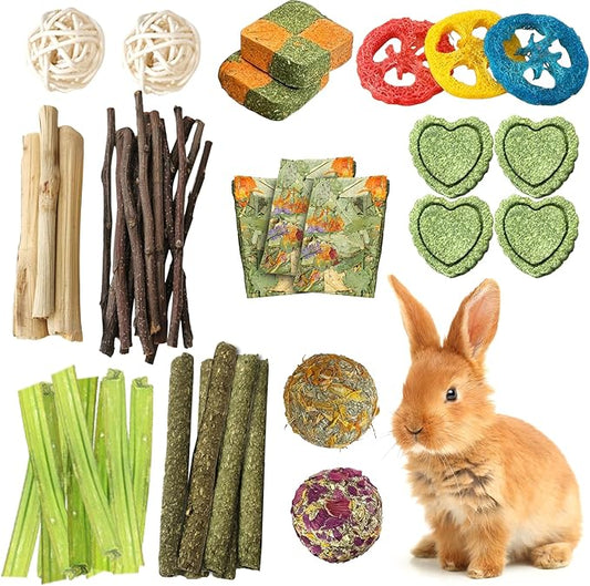 60pcs Bunny Chew Toys for Rabbits Teeth, Natural Rabbit Toys Apple Wood Sticks, Carrot, Timothy Grass Treats for Small Pets, Hamster, Chinchilla, Guinea Pig