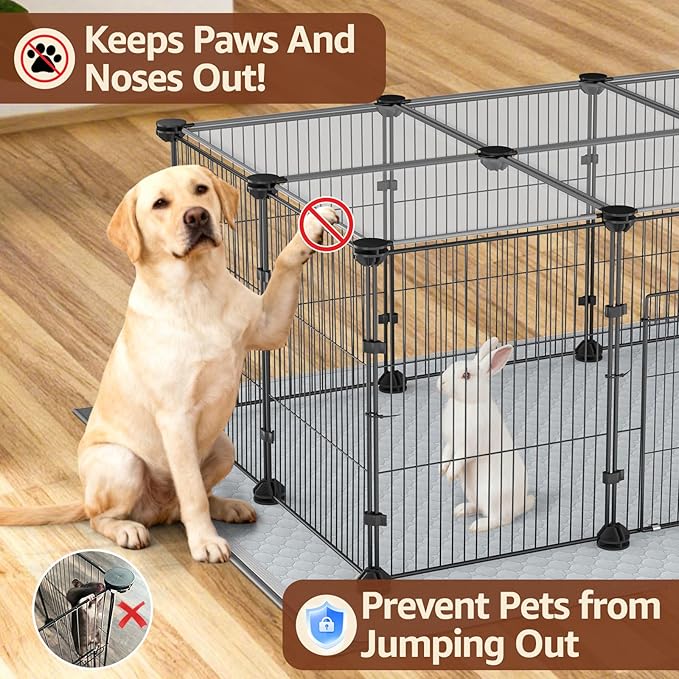 Tinnmao 20 Panels Small Animal Playpen with Roof, Waterproof Base Mat + 2PCS Washable Pee Pads, Indoor Denser & Thicker C&C Grid Cage for Guinea Pigs Rabbit Puppy Kitty Accessories (Black Metal Frame)