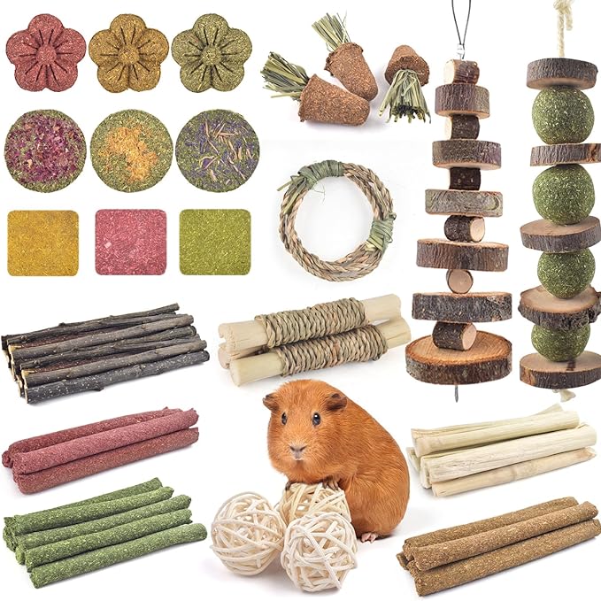 ERKOON Bunny Toys Boredom, 70 PCS Bunnies Timothy Hay Sticks Carrots Rose Grass Cake Dental Care, Molar, Chinchillas Toy Chew Toy, Guinea Pigs, Hamsters, Chinchilla, Rabbit Chew Toys for Teeth