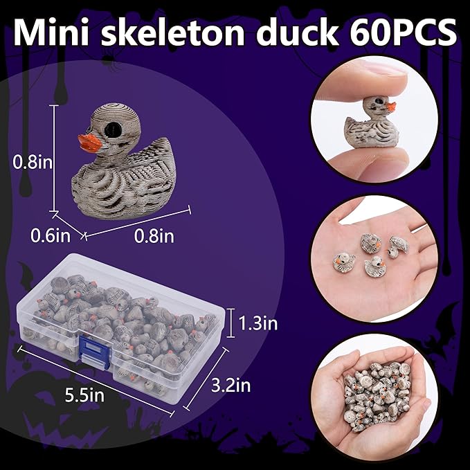 Watayo 60 Pcs Halloween Mini Duck Skeleton Decorations, Spooky Tiny Skeleton Duck Figurines, Miniature Halloween Bones Ducks Statues for Hide and Seek Horror Scene Graveyard Garden Potted Party Decor