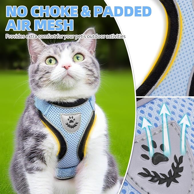 PUPTECK Cat Harness and Leash Set Escape Proof Reflective Cat Walking Harness Adjustable Soft Breathable Mesh Vest for Small Pets, Sky Blue, L