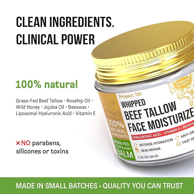 Beef Tallow for Face and Skin - Grass Fed Tallow and Honey Balm, Face Moisturizer with Liposomal Hyaluronic Acid - Day and Night Cream for Dry Sensitive Skin, Glass Jar 2.25 oz