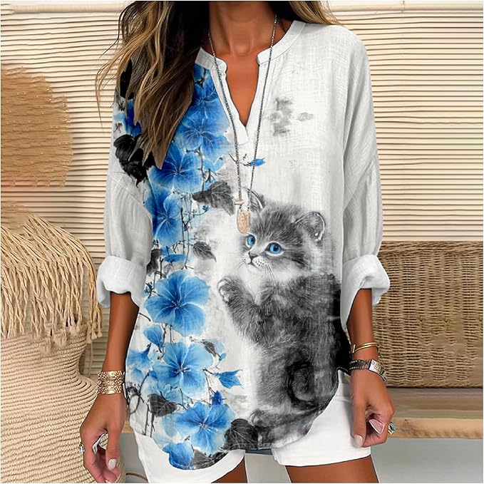 MARSVOVO Cat Shirts for Women Long Sleeve Cute Cat Pullover Graphic Novelty V Neck Blouse Oversized Funny Tunic Tops