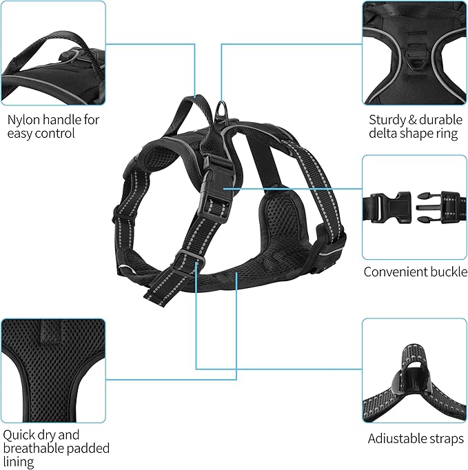 Adjustable Reflective Black No-Pull Dog Harness with 2 Leash Clips，Soft Padded Vest for Large Dog, Easy to Put on and Take Off, Black L