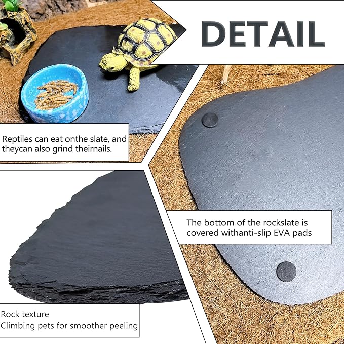 Reptile Basking Platform 13.5''x8.0'' Turtle Rock Slate Feeding Bowl Food Dish Feed Plate Tortoise Bathing Resting Slab for Lizard Gecko Bearded Dragon Chameleon Snake Frog