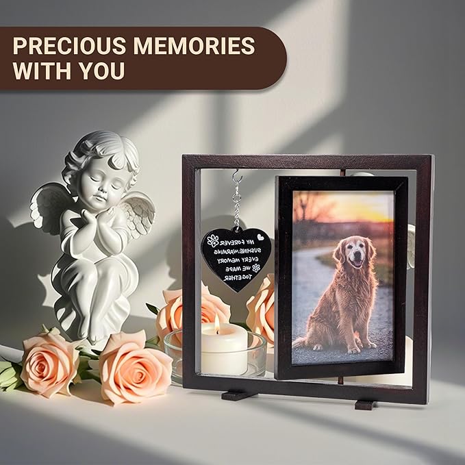 Pet Memorial Gifts for Dogs - Rotating Dog Memorial Frames for 4’x6’ Photo and Dog Hair Keychain - Pet Loss Sympathy Gift