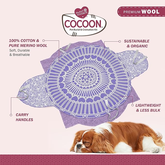Cocoon® - Eco-Friendly Pet Burial & Cremation Ceremony Kit (Premium Wool) - Casket for Dogs and Cats (Choose Size & Color) (Large, Lavender)