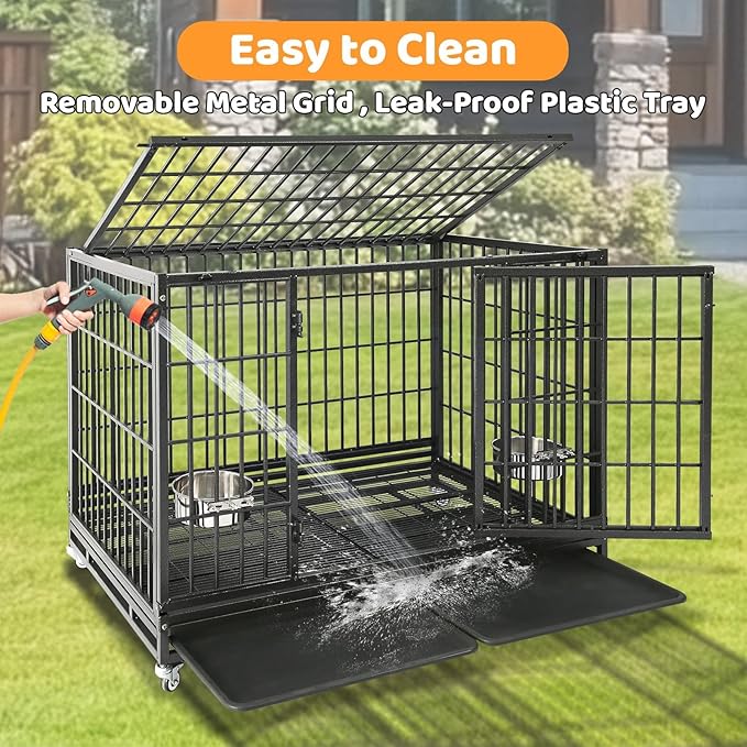 Homey Pet 48 Inch Heavy Duty Indestructible Dog Crate, Stackable Escape Proof Dog Cage Kennel Indoor with Two Trays, Metal Grids, Wheels, Bowls, Double Doors for High Anxiety Large Dogs