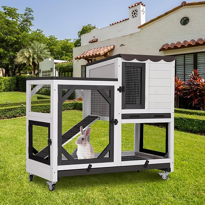 Aivituvin Rabbit Cage Indoor Outdoor Bunny Hutch on Wheels, 2 Story Wood Guinea Pig Cages with 2 Deeper Pull Out Trays (Black & White)