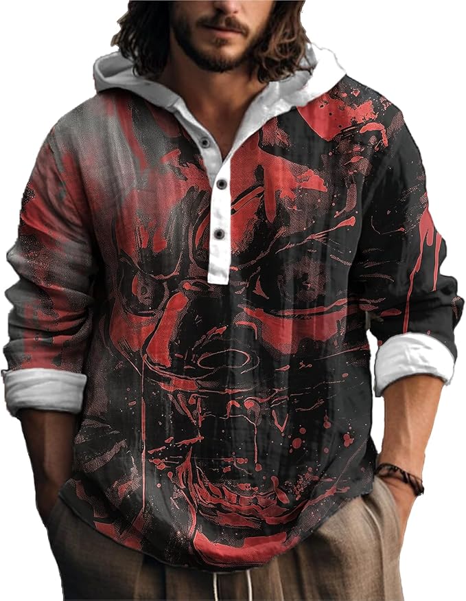 MARSVOVO Japanese Art Animal Hooded Shirt for Men Long Sleeve Quarter Button Lightweight Hoodie Cool Streetwear Tops