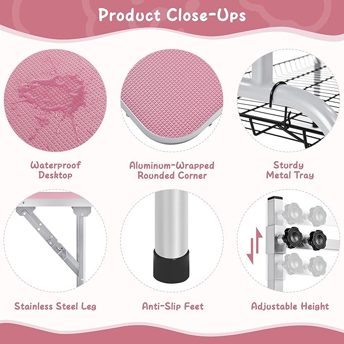 Yaheetech 36'' Pet Grooming Table for Dogs Adjustable Height Portable Trimming Table Drying Table w/Arm/Noose/Mesh Tray Maximum Capacity Up to 265Lb, Pink