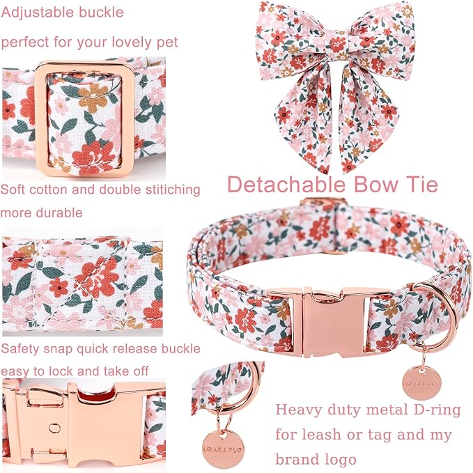 Dog Collar with Bow Tie,UP URARA PUP Flower Bowtie Dog Collar, Summer Bowtie Collar for Puppy Boy Girl Dog, Comfortable Cotton Dog Collar with Metal Buckle,M,Neck 13.5-22in, Medium, PinkYe CS