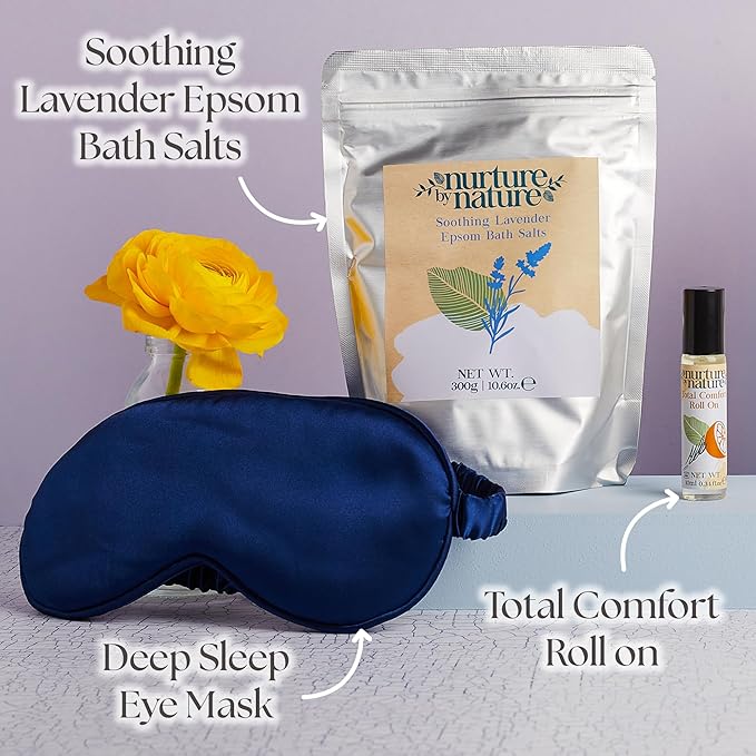 Nurture by Nature New Mom Self Care Gift Set with Body Scrub, Lavender Pillow Spray, Sleep Mask, Body Butter, Shower Gel & Bath Salts - Vegan Friendly - Stocking Stuffer, Baby Shower Gift Basket