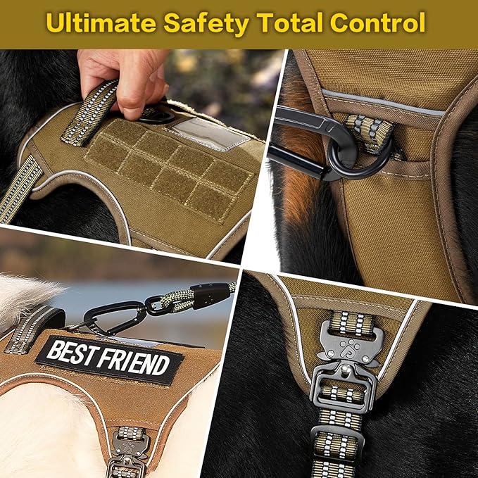PawsPassion No Pull Dog Harness for Medium Large Dog, Heavy Duty Tactical Adjustable Pet Harness, Voyager Service Walking Vest Harness with Easy Control Handle Reflective Strip (Sandstone, L)