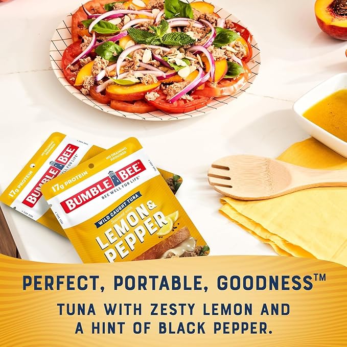 Bumble Bee Seasoned Tuna On The Go Bundle - Lemon & Pepper and Spicy Thai Chili - (2) Ready to Eat 2.5 oz Packets and (2) Snack Sized 3 oz Cans